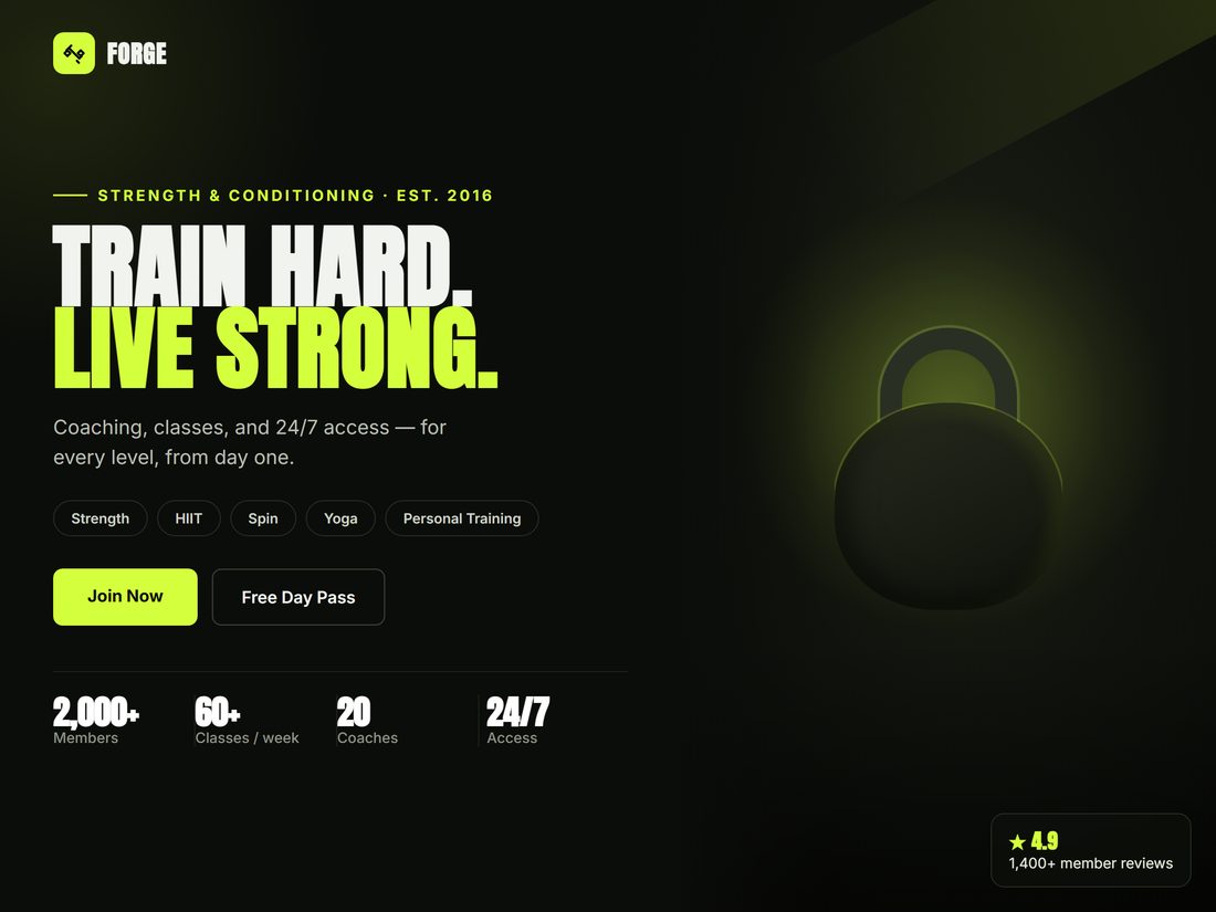 Concept homepage design for a gym and fitness studio